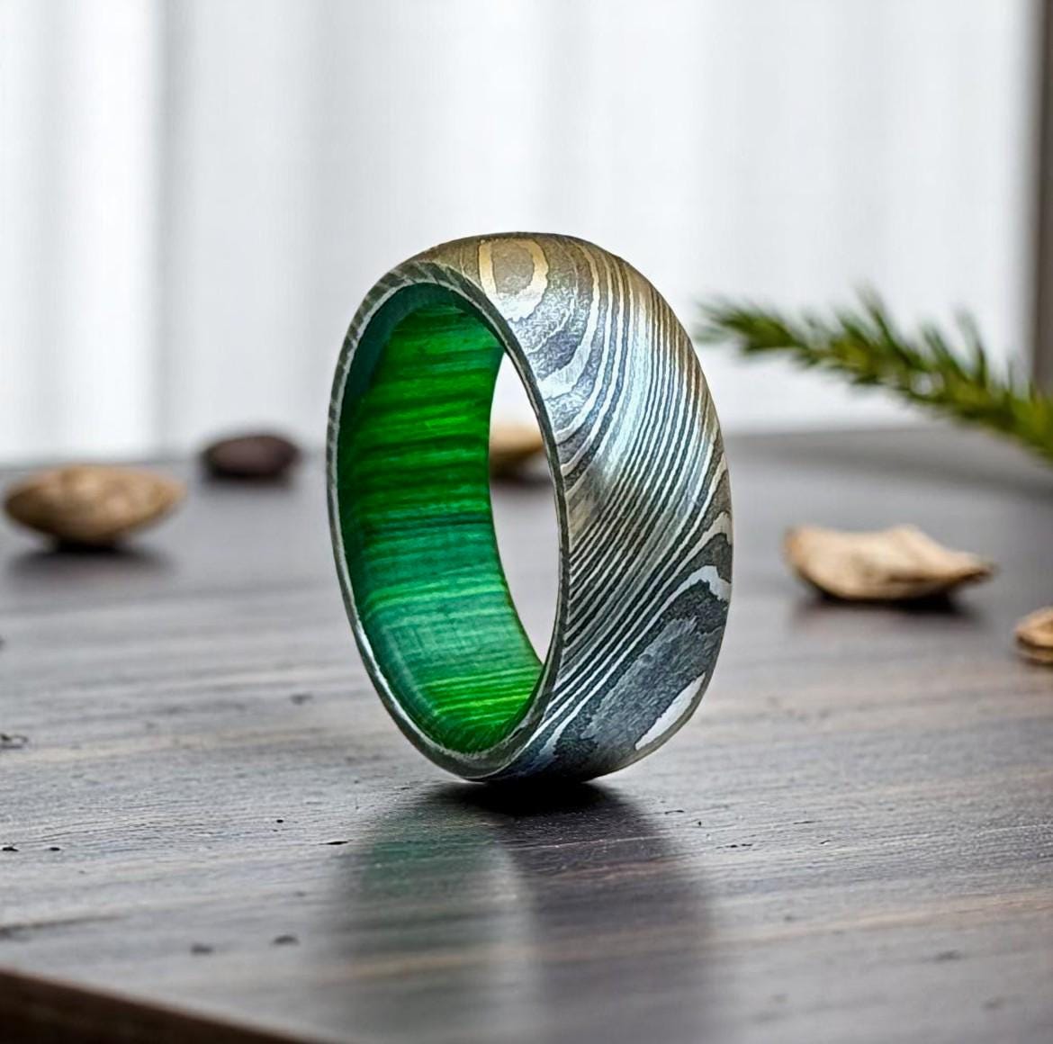 Damascus Steel Ring: Titanium Band with Green Interior