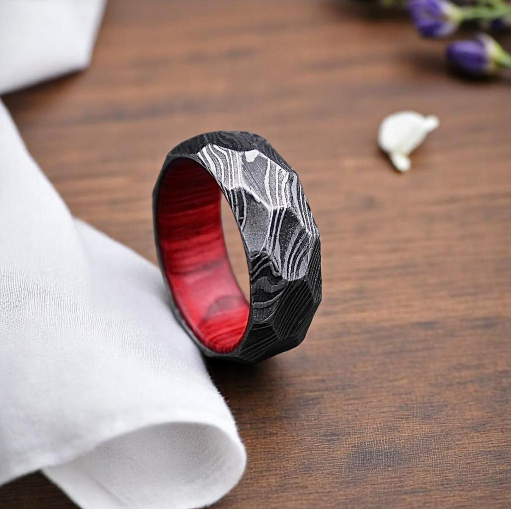 Rock Hammered Damascus Steel Ring: Diamond Cut Wood Wedding Band
