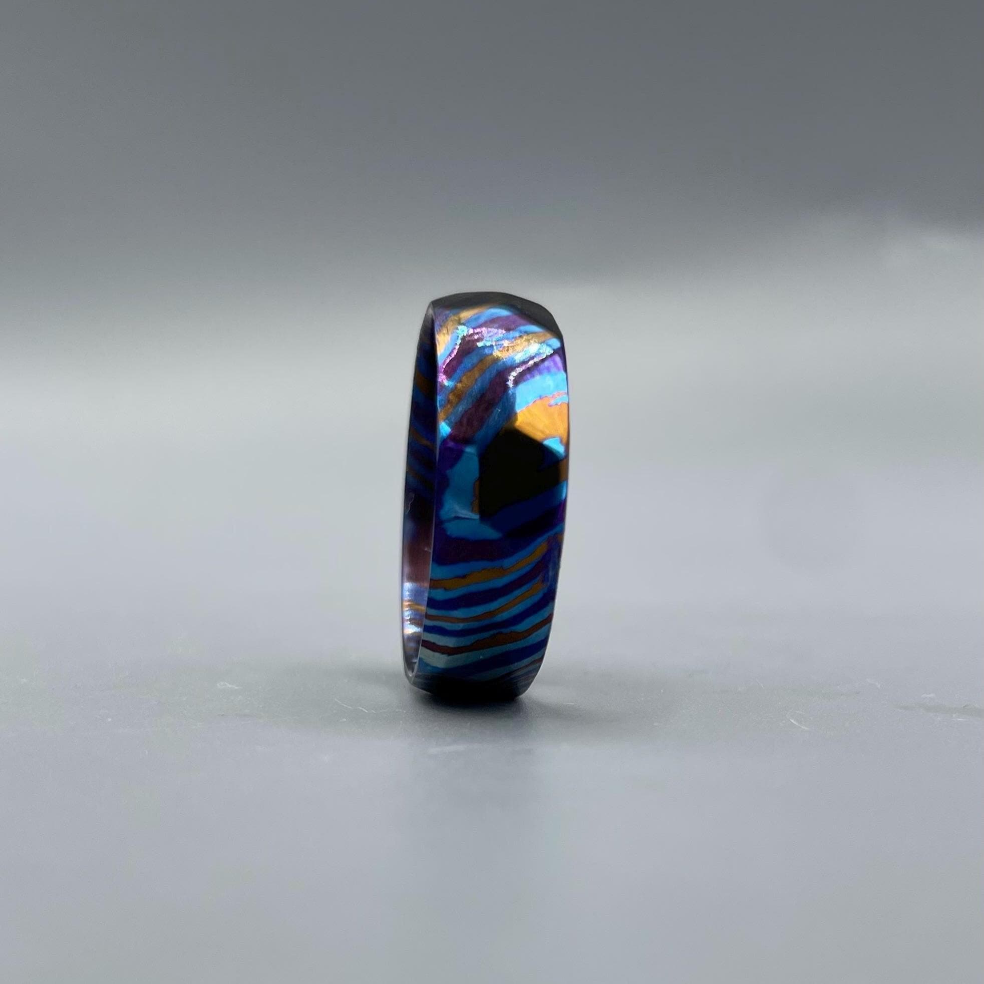 Anodized Timascus Ring: Multicolor Titanium Damascus Wedding Band