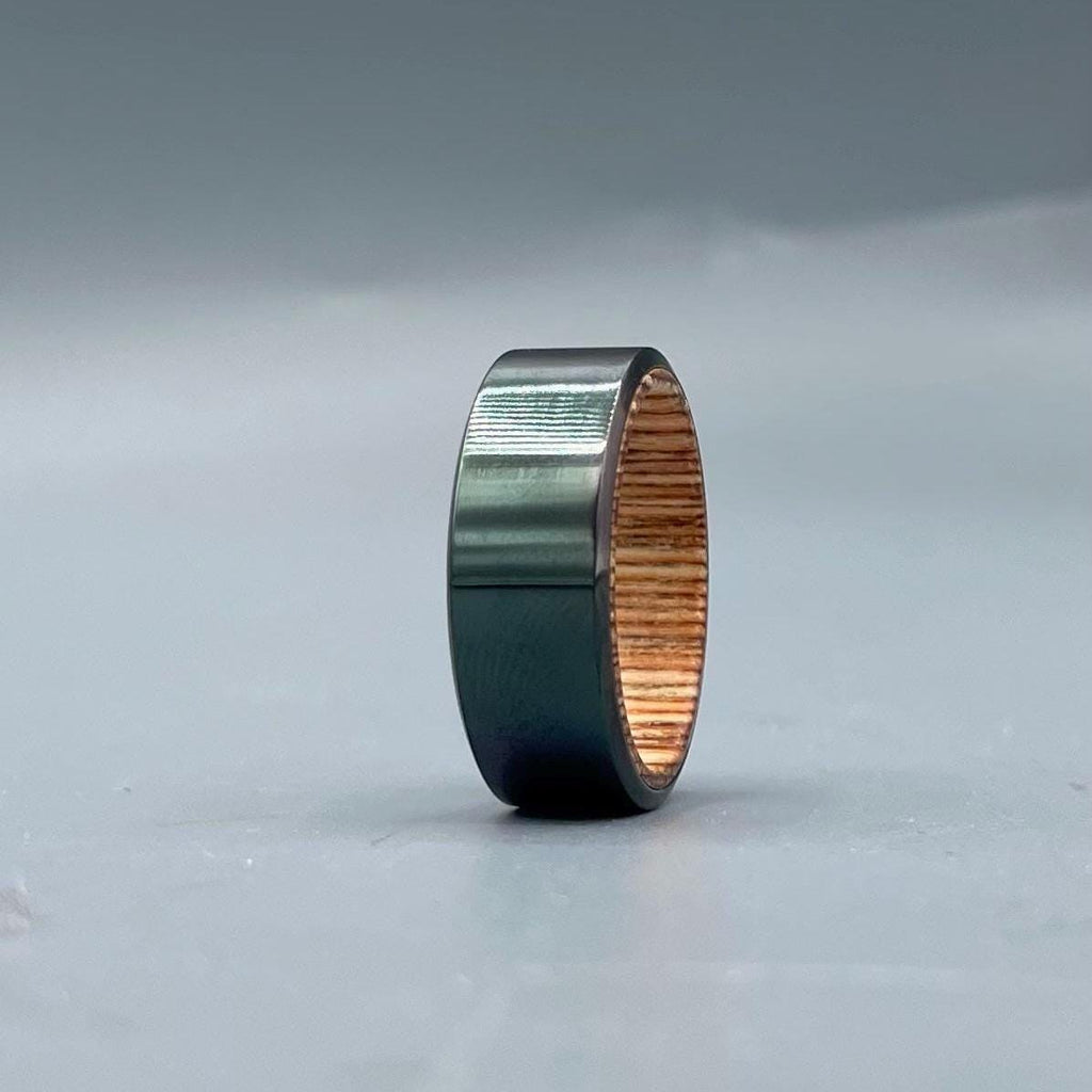 Black Zirconium Whiskey Barrel Ring: Rustic Men's Wedding Band