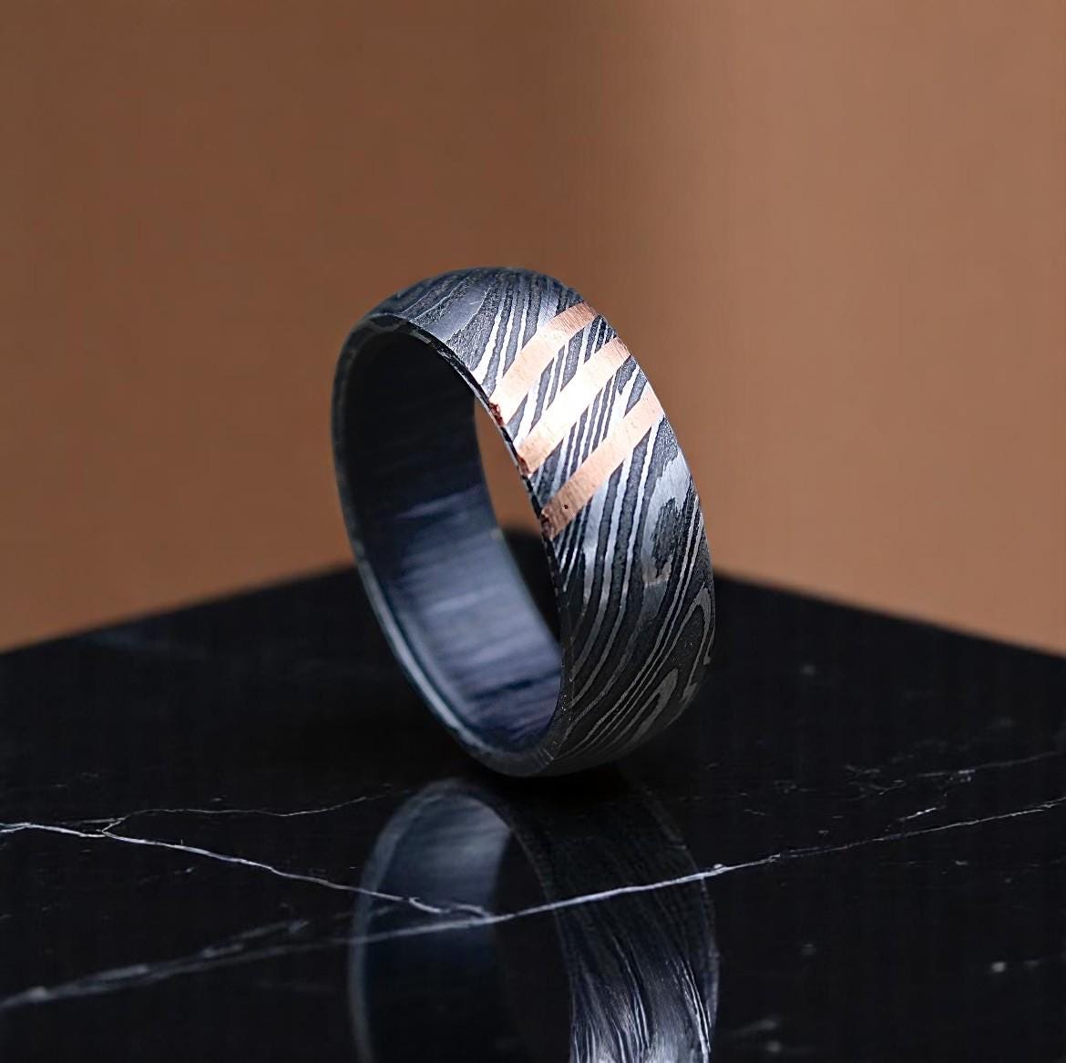Damascus Steel Ring with Whiskey Barrel Wood Inlay