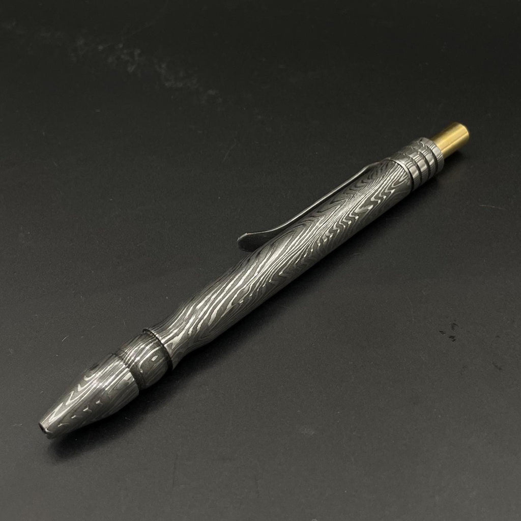 Handmade Damascus Steel Pen: Brass Accents, Luxury Writing Instrument