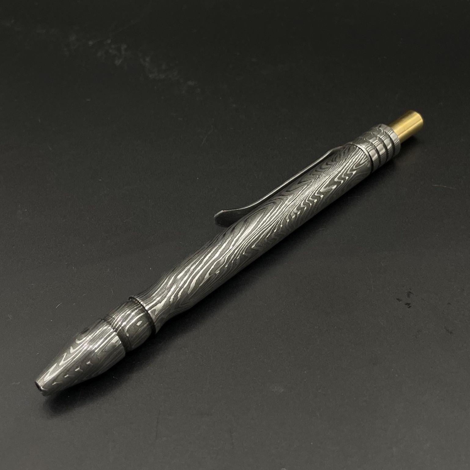 Handmade Damascus Steel Pen: Brass Accents, Luxury Writing Instrument