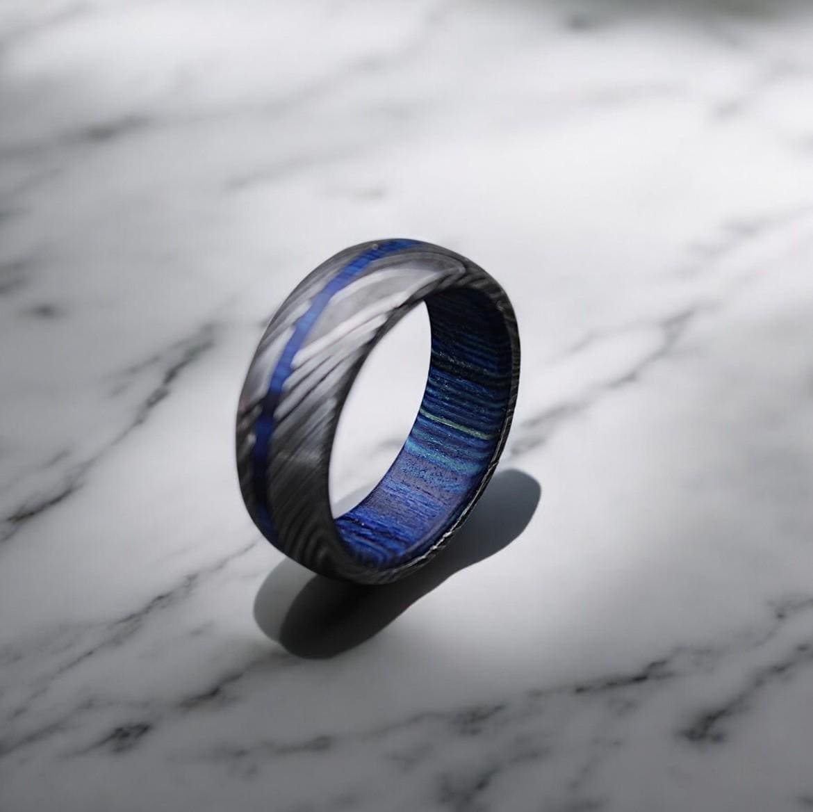 Damascus Steel Wedding Band: Whiskey Barrel Wood Inlay Ring