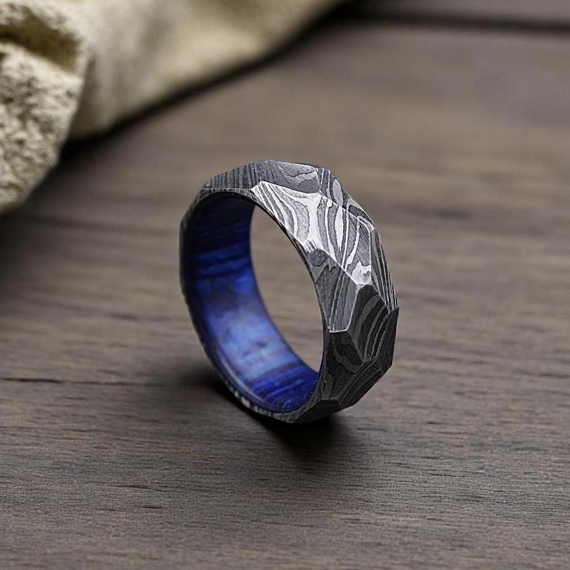 Damascus Steel Men's Wedding Ring: Rock Hammered Diamond Cut Band