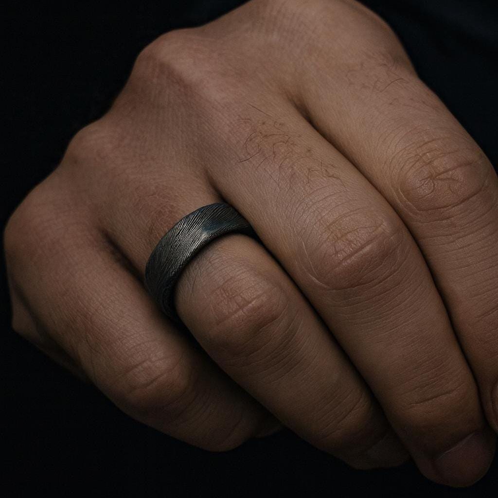 Damascus Steel Ring with Whiskey Barrel Wood Liner: Rustic Wedding Band
