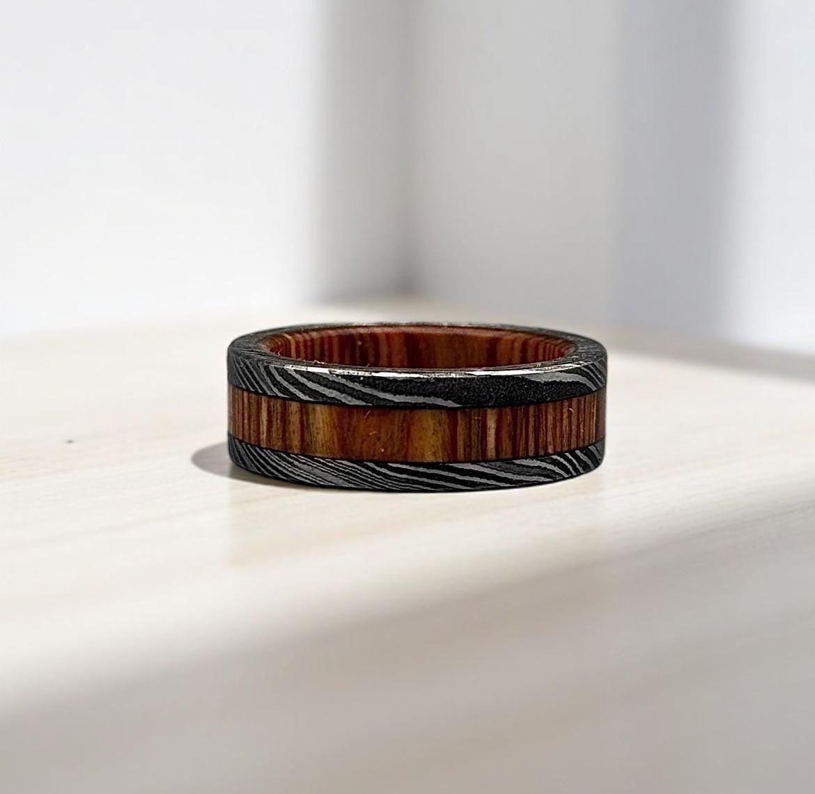 Damascus Steel & Whiskey Barrel Wood Ring: Unique Wedding Band