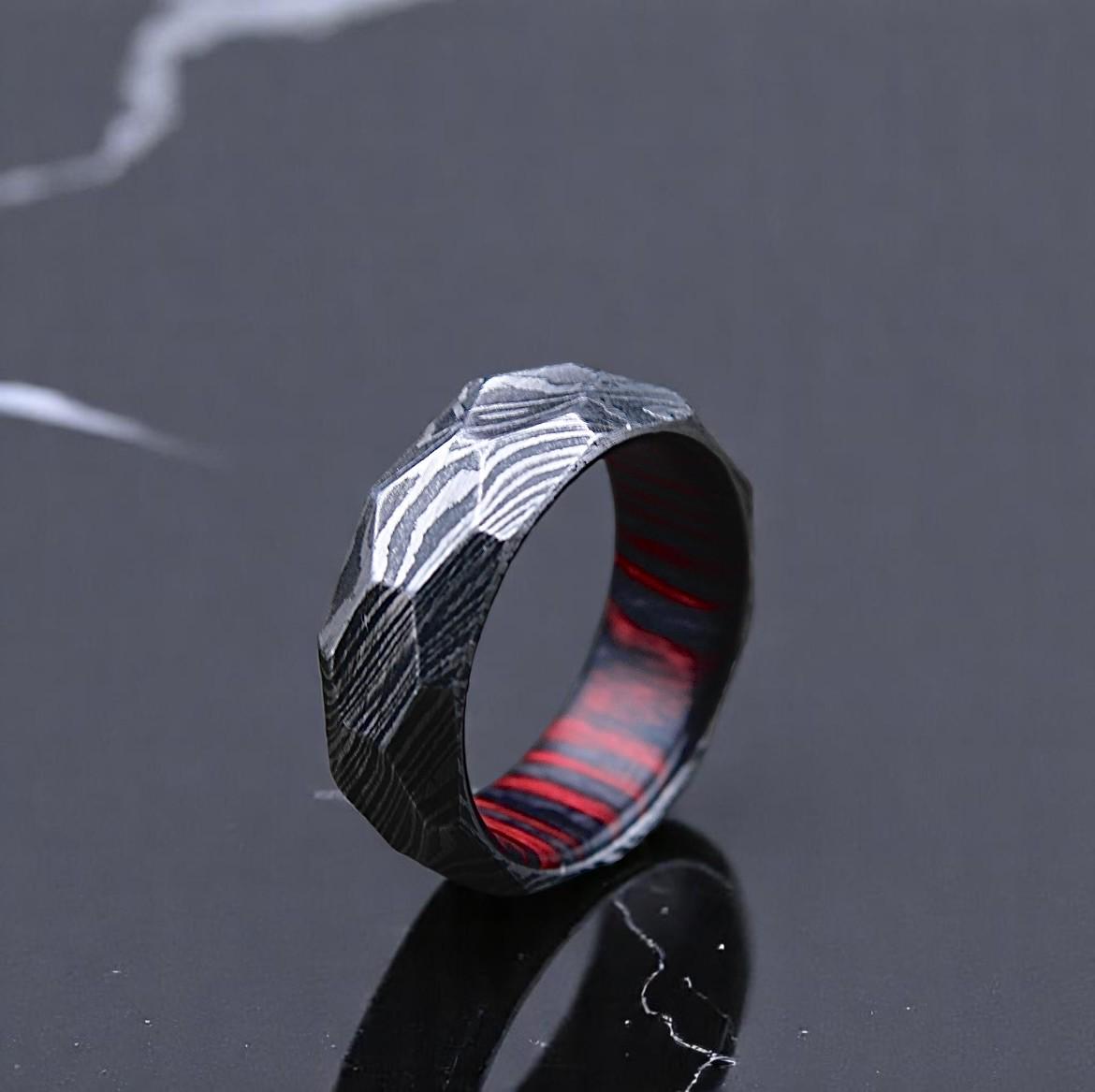Handmade Damascus Steel Wedding Band: Whiskey Barrel Wood Inlay, Hammered Finish