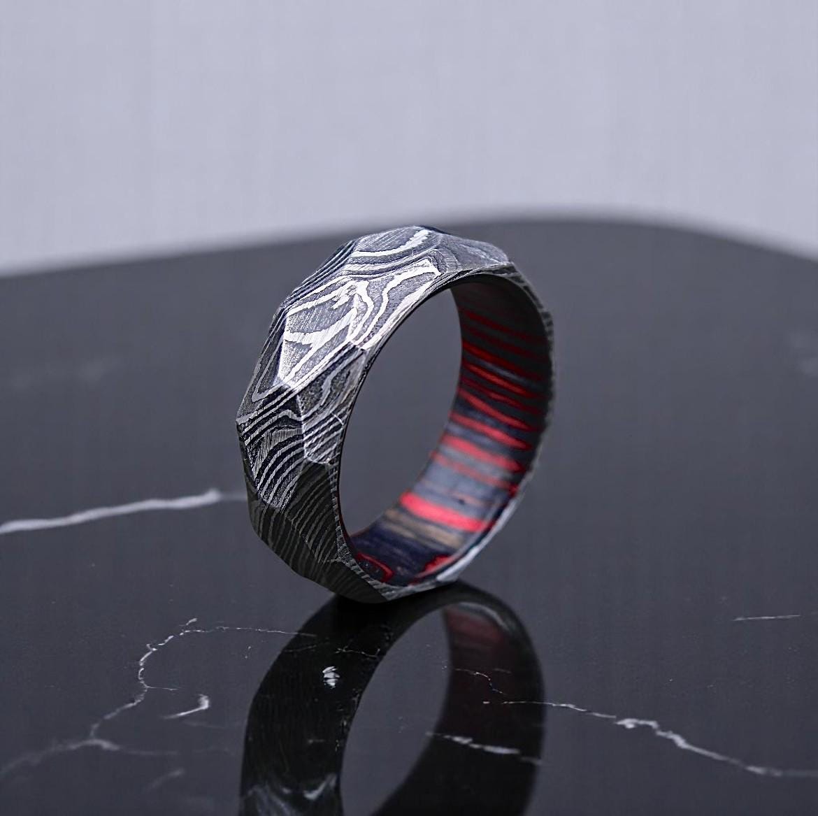 Handmade Damascus Steel Wedding Band: Whiskey Barrel Wood Inlay, Hammered Finish
