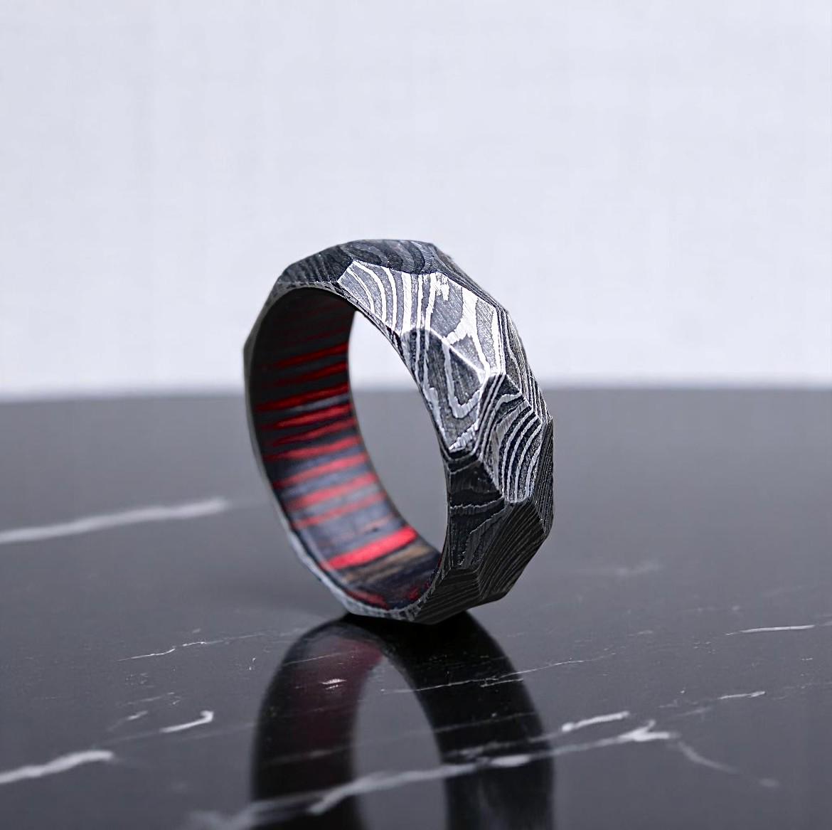 Handmade Damascus Steel Wedding Band: Whiskey Barrel Wood Inlay, Hammered Finish