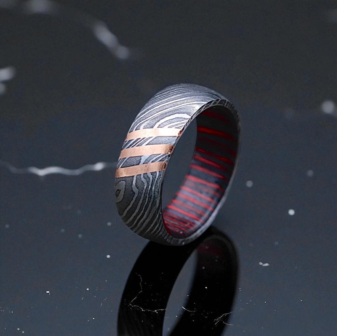 Damascus Steel Ring with Copper Inlay & Red Lining: Handmade Men's Wedding Band