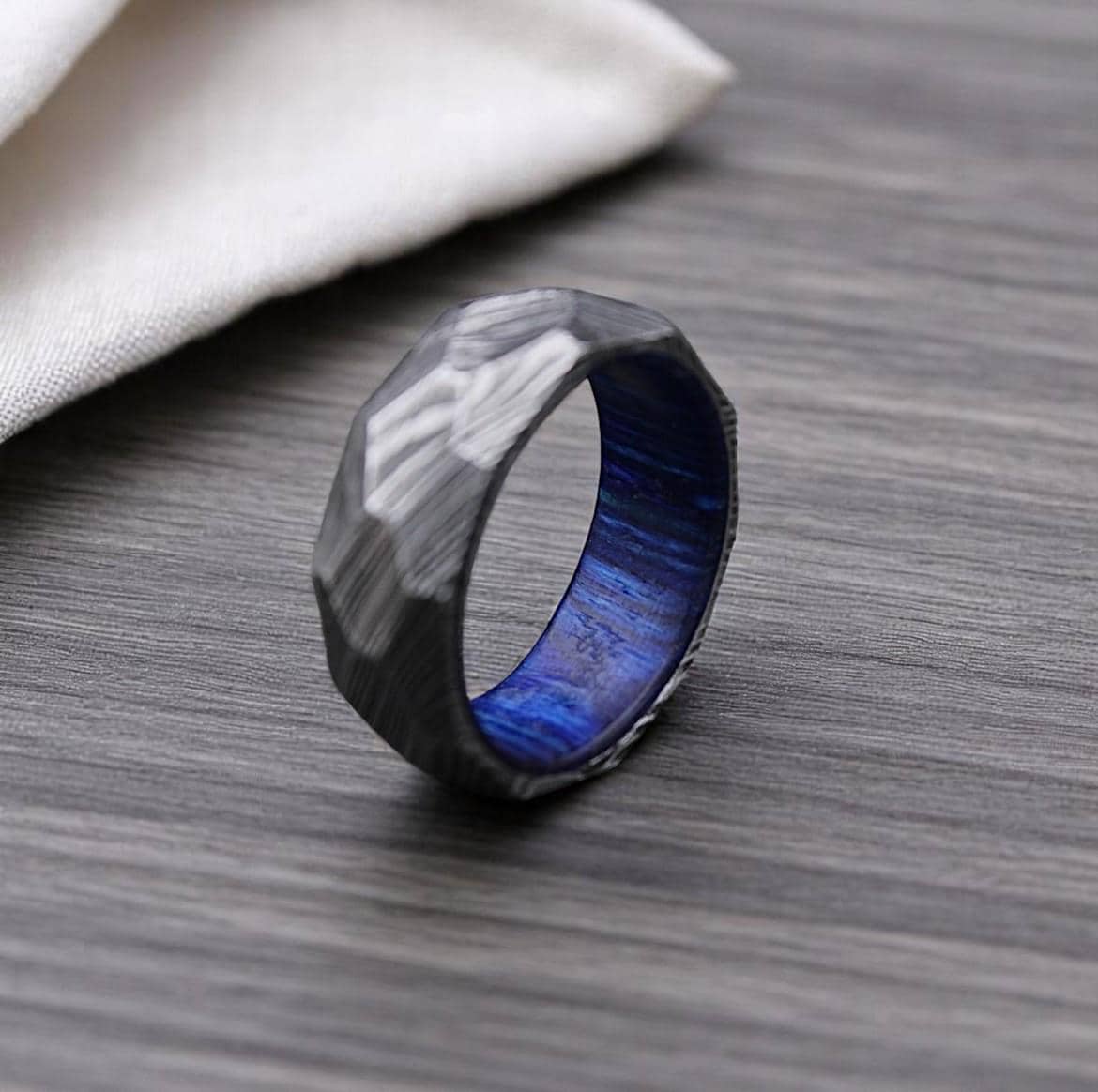 Damascus Steel Men's Wedding Ring: Rock Hammered Diamond Cut Band