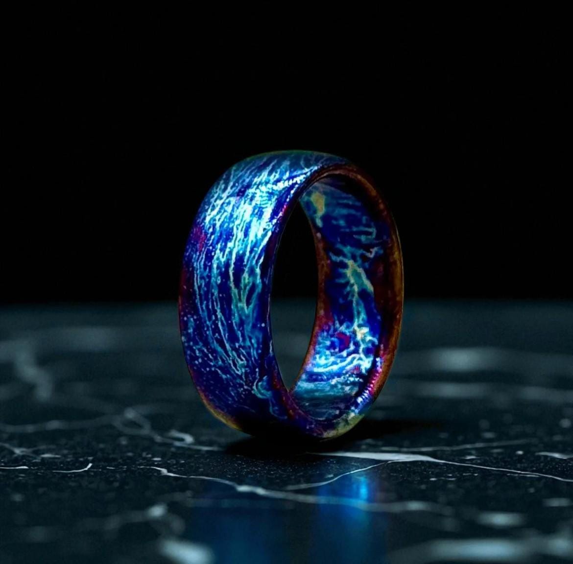 Electric Blue Titanium Ring: Fire Pattern Wedding Band, Bold Statement Jewelry