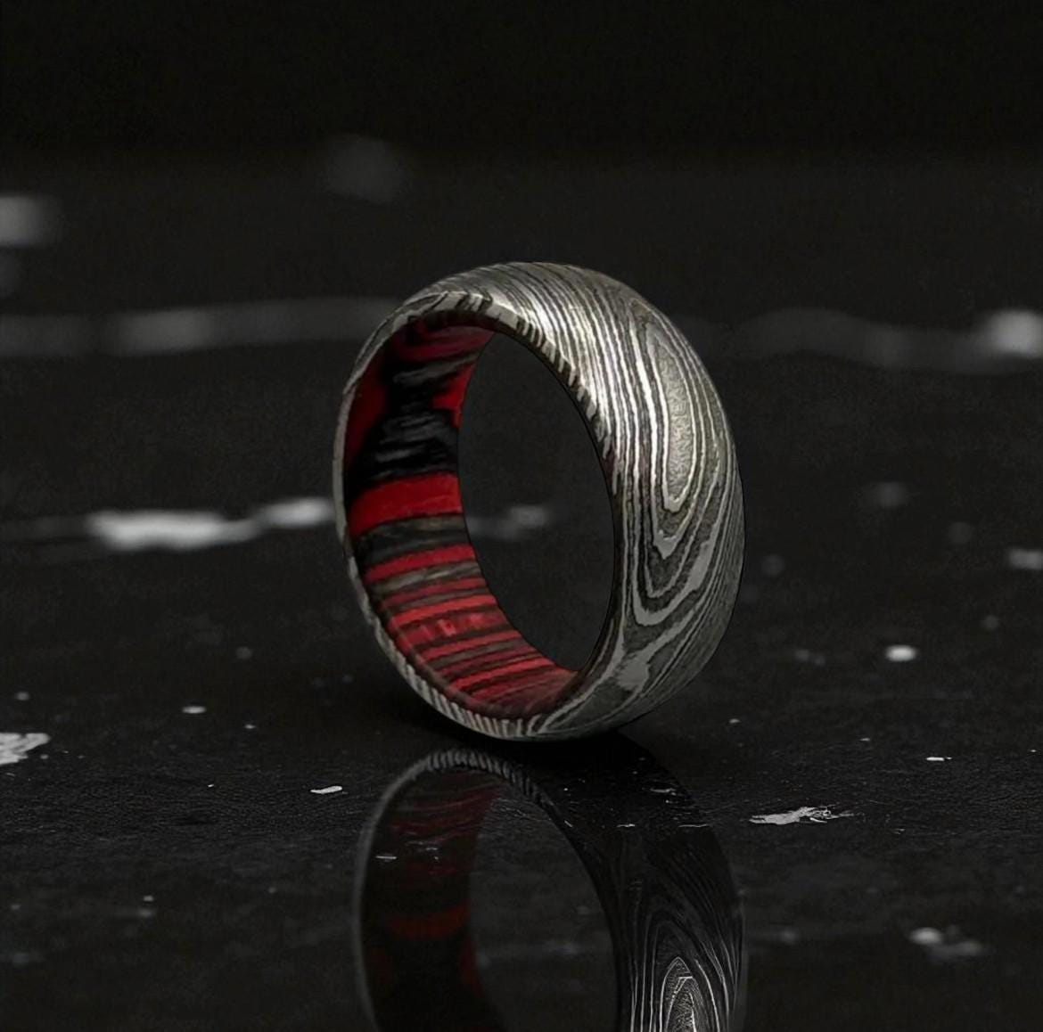 Damascus Steel Ring with Red Liner: Gothic Men's Wedding Band