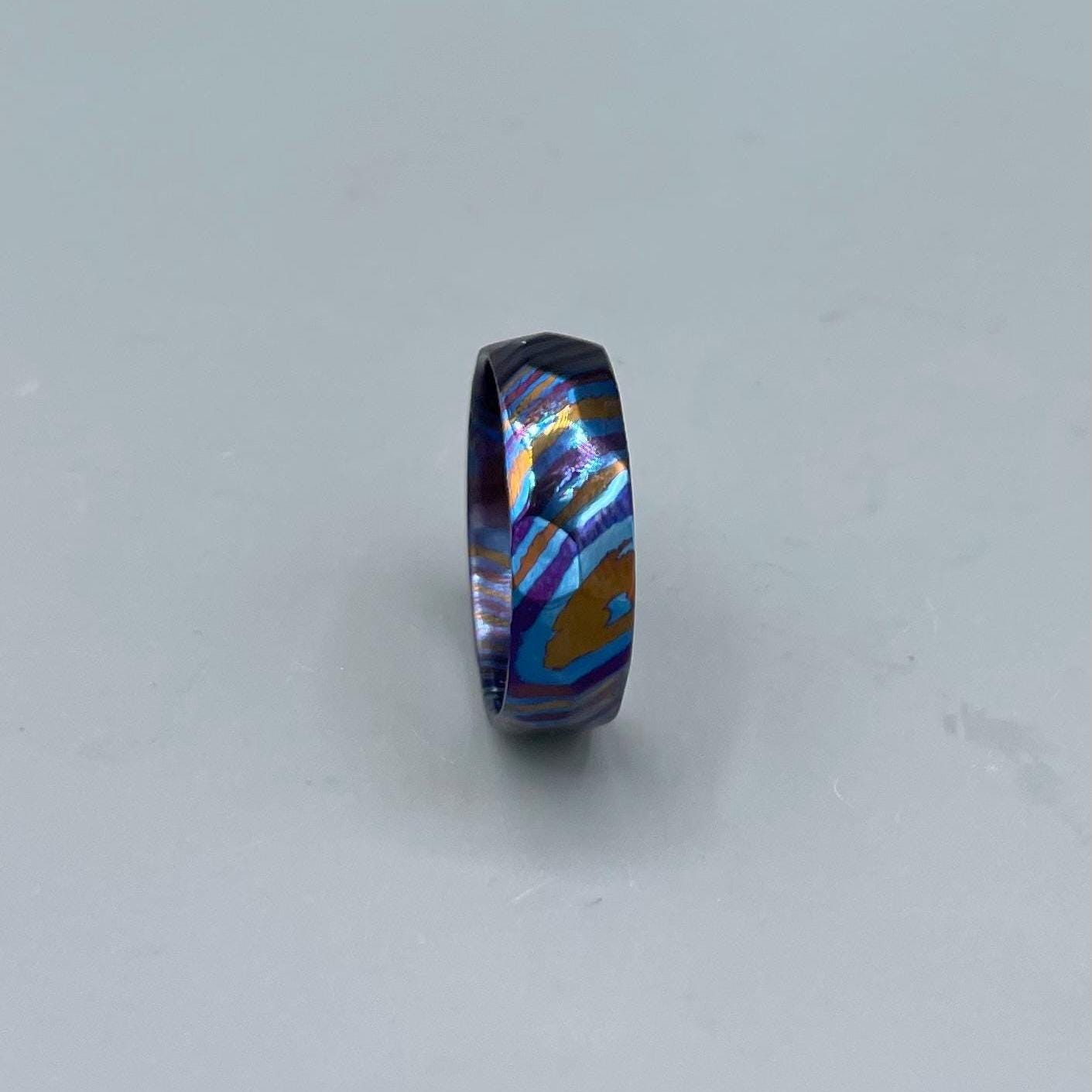 Anodized Timascus Ring: Multicolor Titanium Damascus Wedding Band
