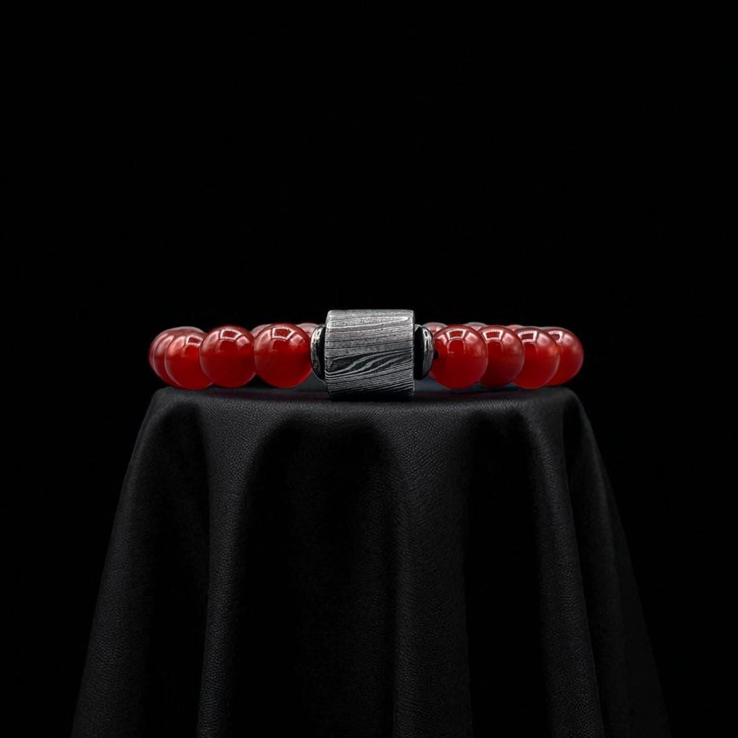 Red Jasper Bead Bracelet with Damascus Steel Barrel – Handmade Gemstone Jewelry with Gift Box.