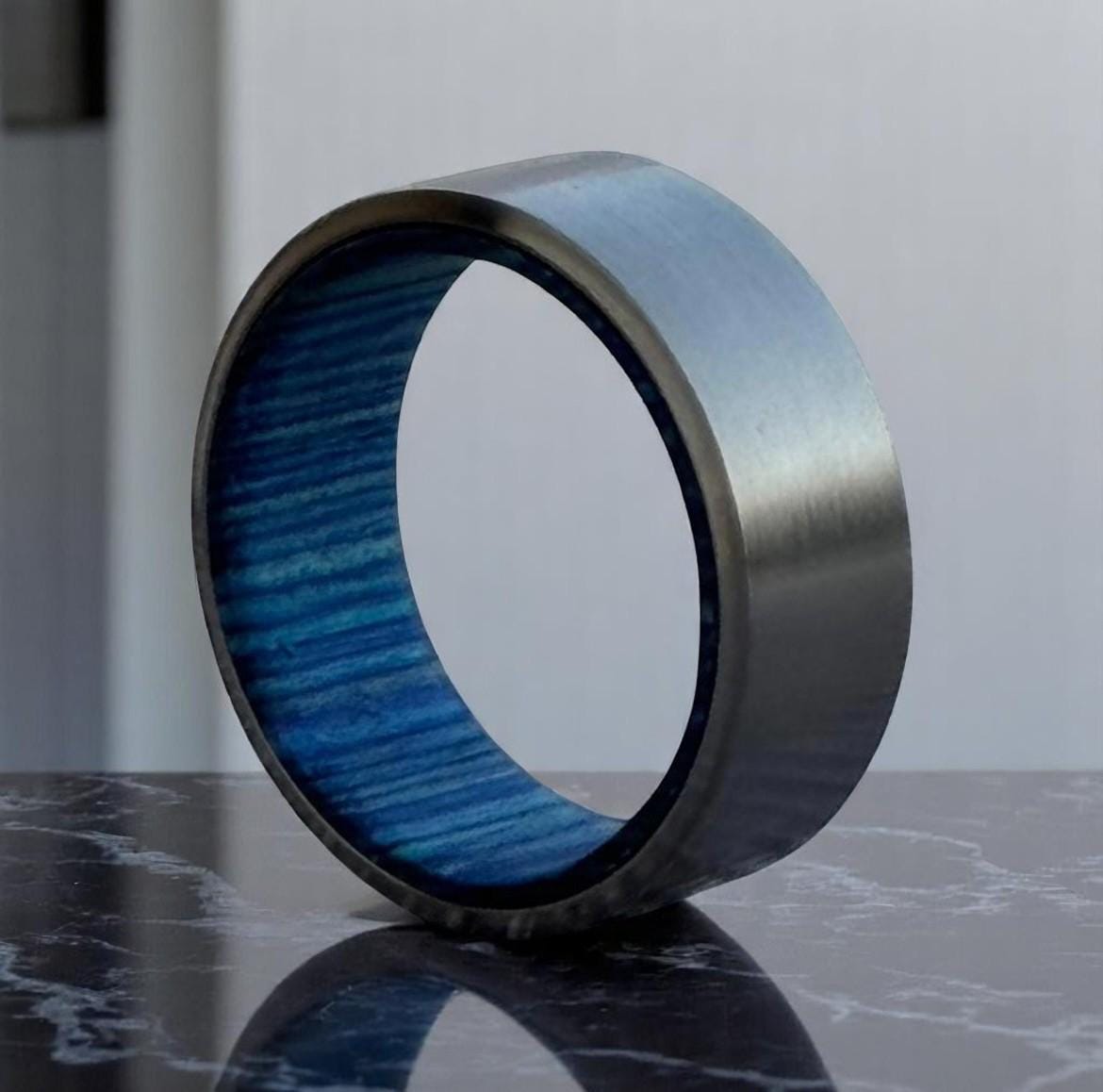 Blue Wood Inlay Titanium Ring: Handmade Brushed Silver Wedding Band