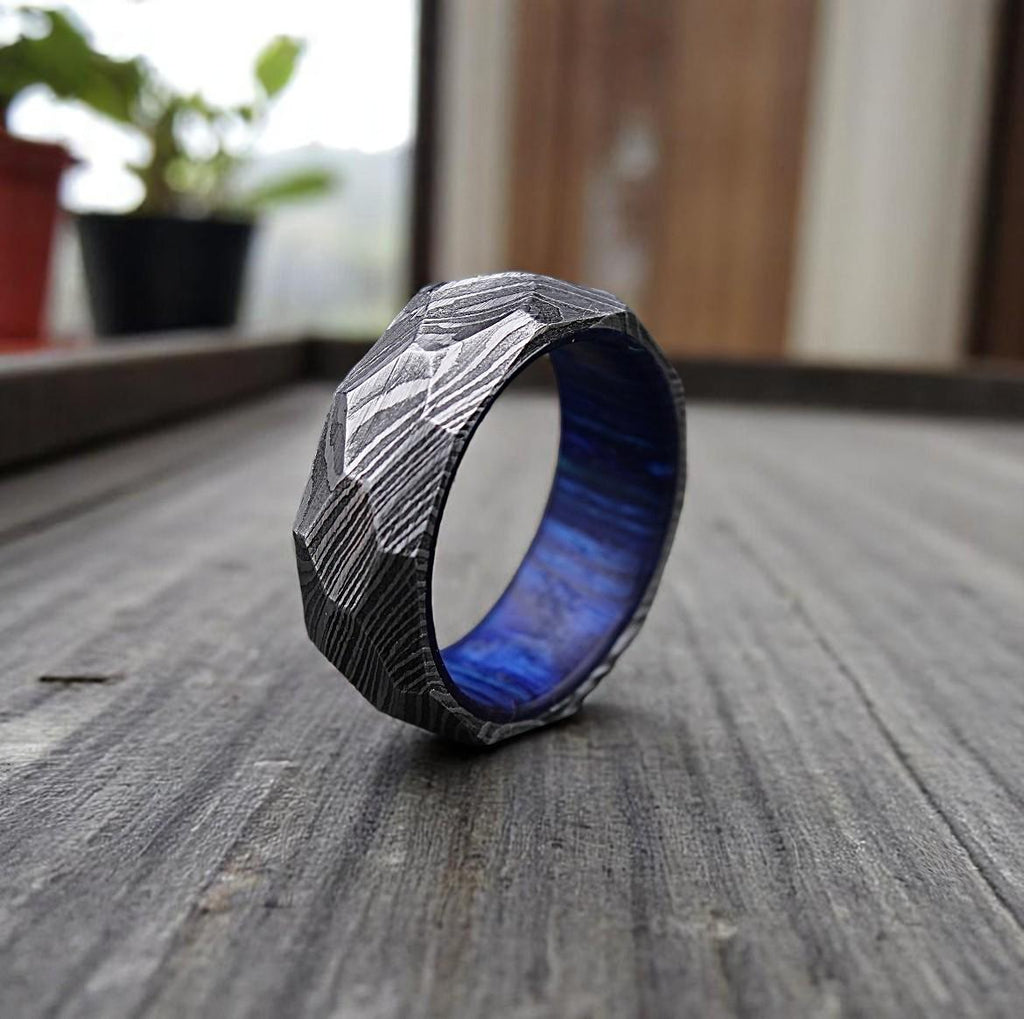 Damascus Steel Men's Wedding Ring: Rock Hammered Diamond Cut Band
