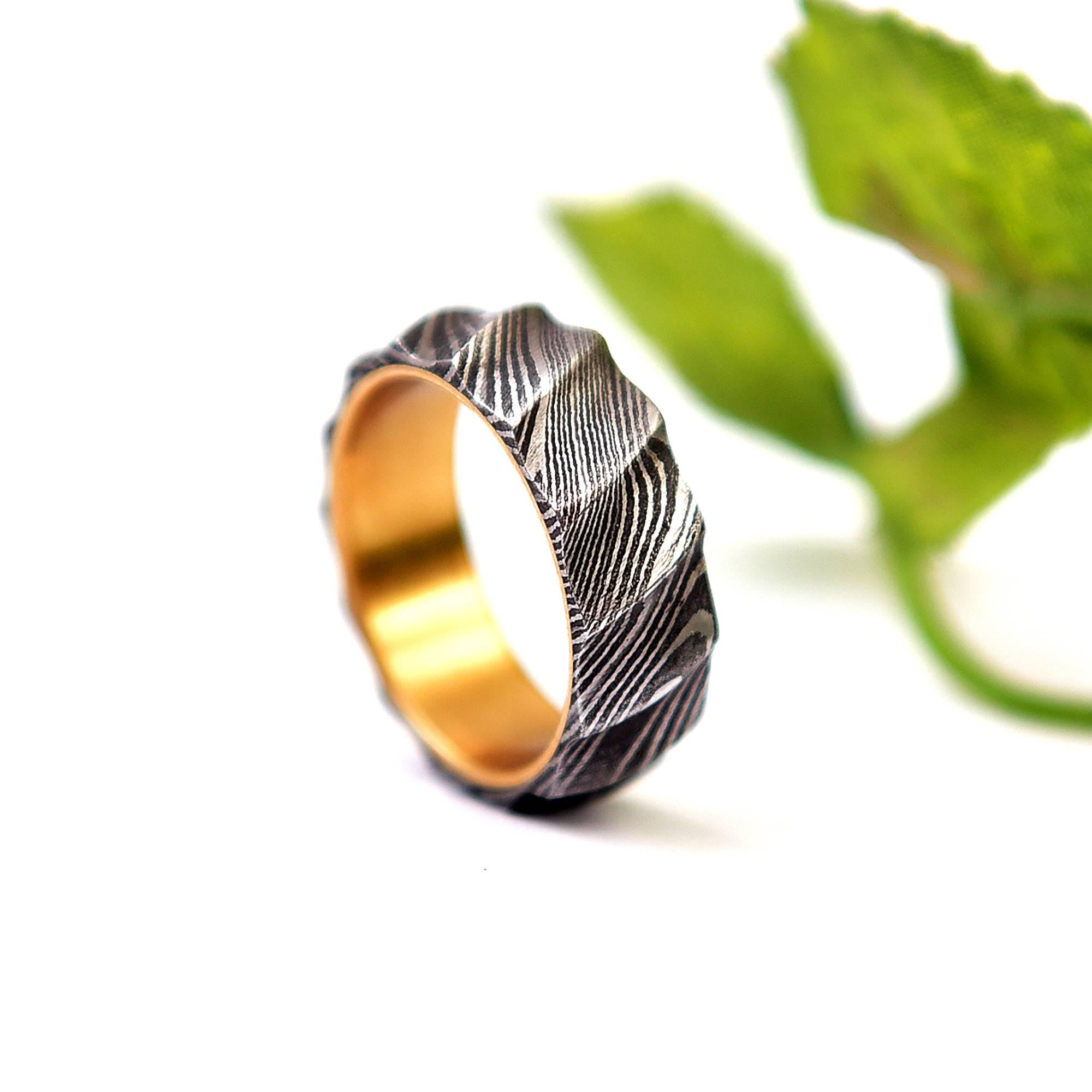 Damascus Steel Ring: Whiskey Barrel Wood Inlay Wedding Band