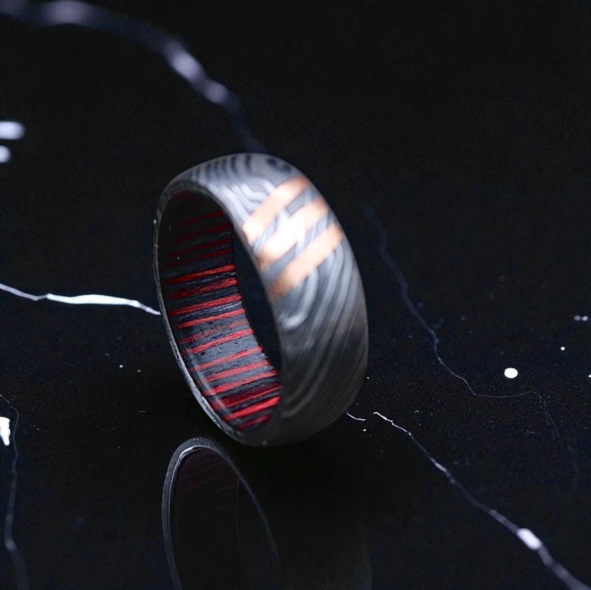 Damascus Steel Ring with Copper Inlay & Red Lining: Handmade Men's Wedding Band