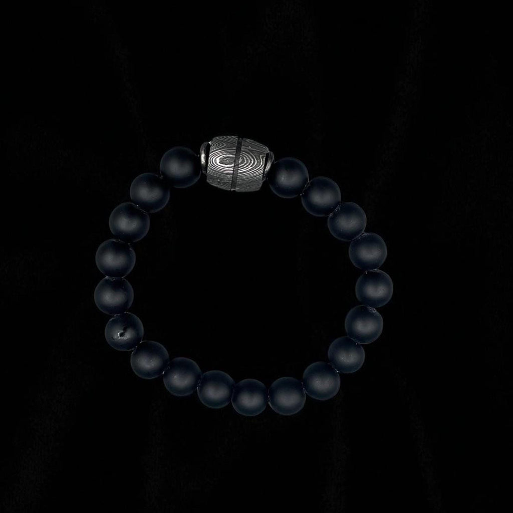 Black Onyx Bead Bracelet with Damascus Steel Barrel – Handmade Gemstone Jewelry with Gift Box.