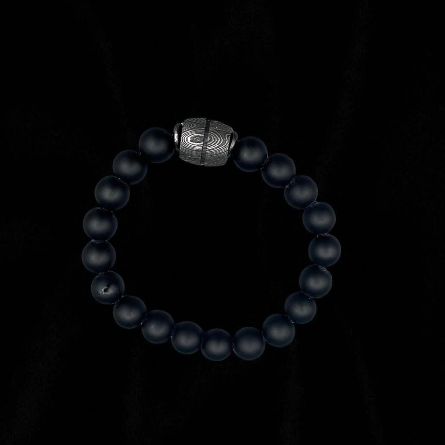 Black Onyx Bead Bracelet with Damascus Steel Barrel – Handmade Gemstone Jewelry with Gift Box.