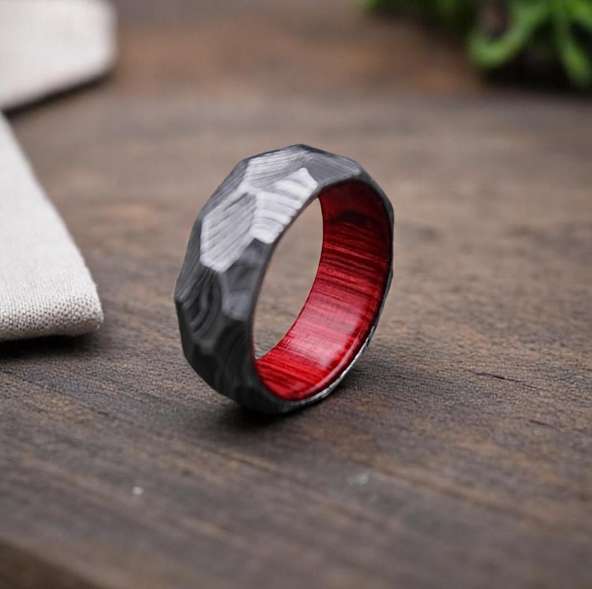 Rock Hammered Damascus Steel Ring: Diamond Cut Wood Wedding Band