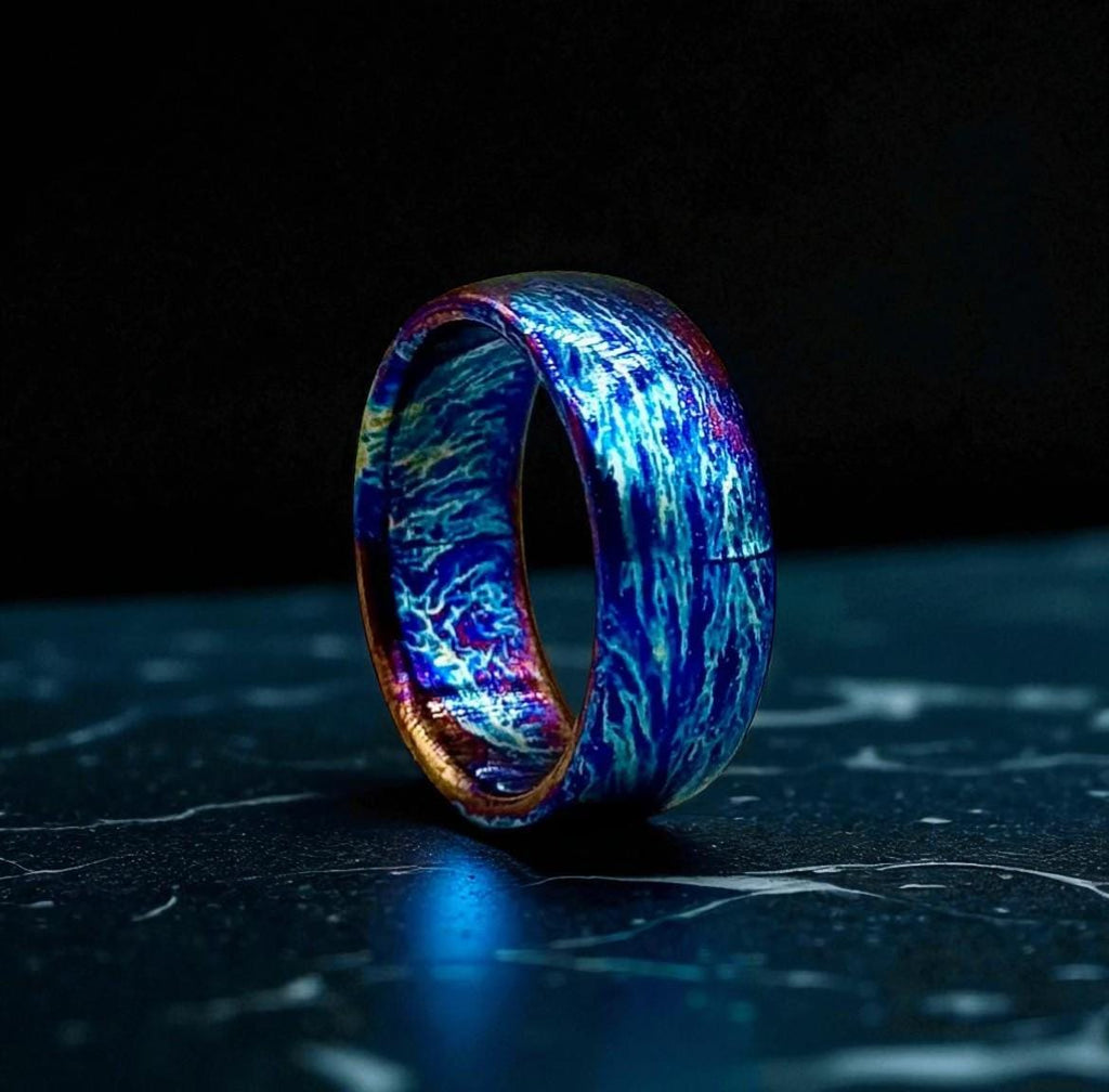 Electric Blue Titanium Ring: Fire Pattern Wedding Band, Bold Statement Jewelry