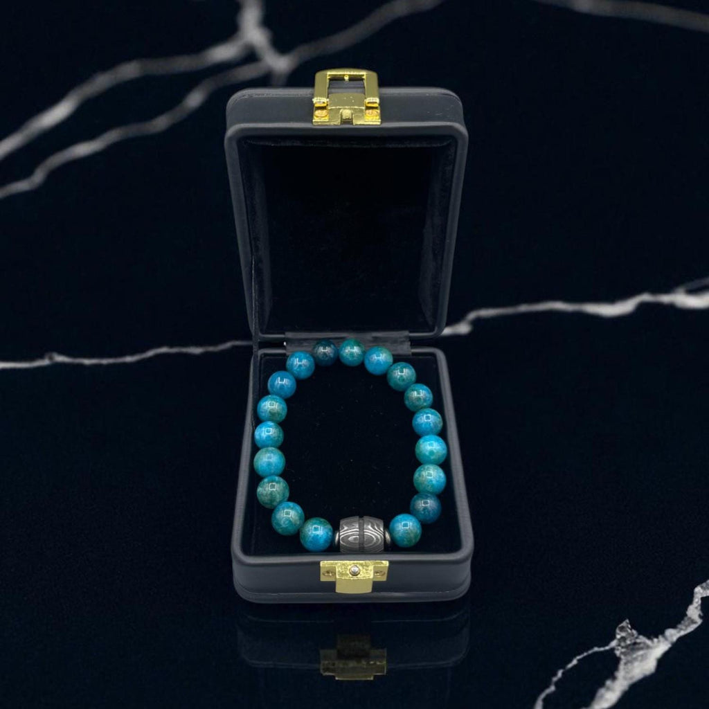 Apatite Gemstone Bracelet with Damascus Steel Barrel + Gift Box | Men’s Beaded Jewelry.
