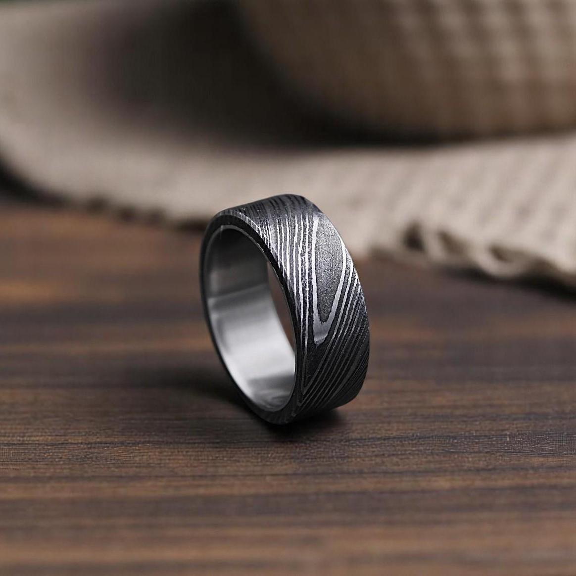 Hand Forged Damascus Steel Ring: Titanium Wood Wedding Band