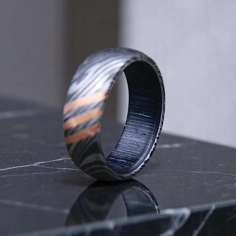 Damascus Steel Whiskey Barrel Wood Ring - Handmade Promise Ring