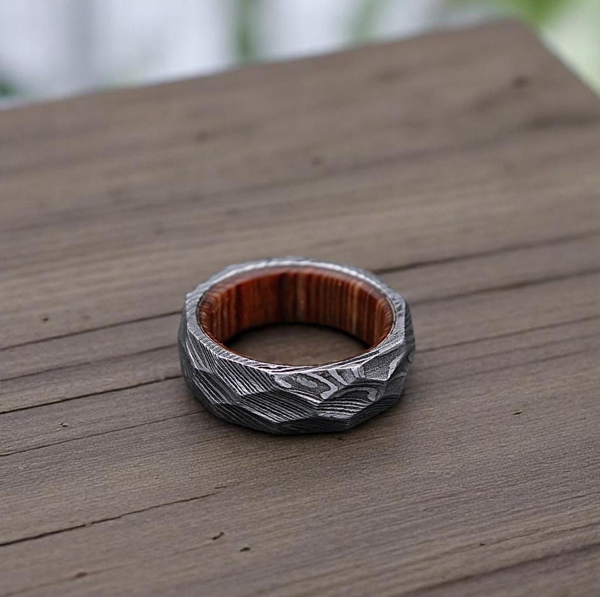 Twist Damascus Steel Ring: Rock Hammered Wedding Band