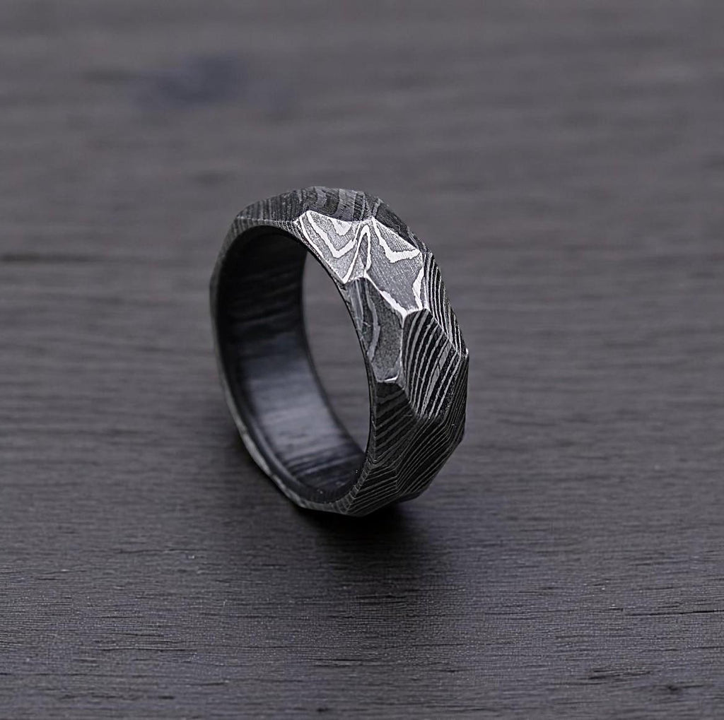 Handmade Damascus Steel Ring: Rock Hammered Twist Wedding Band