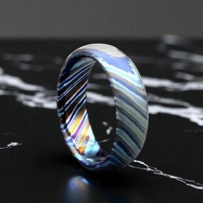 Handmade Zirconium Damascus Ring: Unique Black Wedding Band