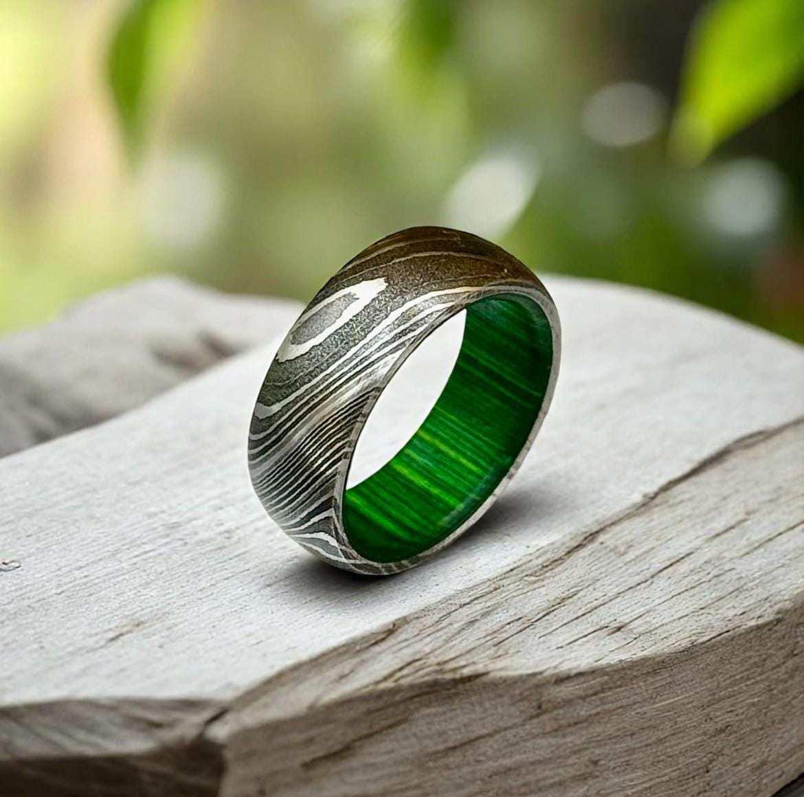 Damascus Steel Ring: Titanium Band with Green Interior
