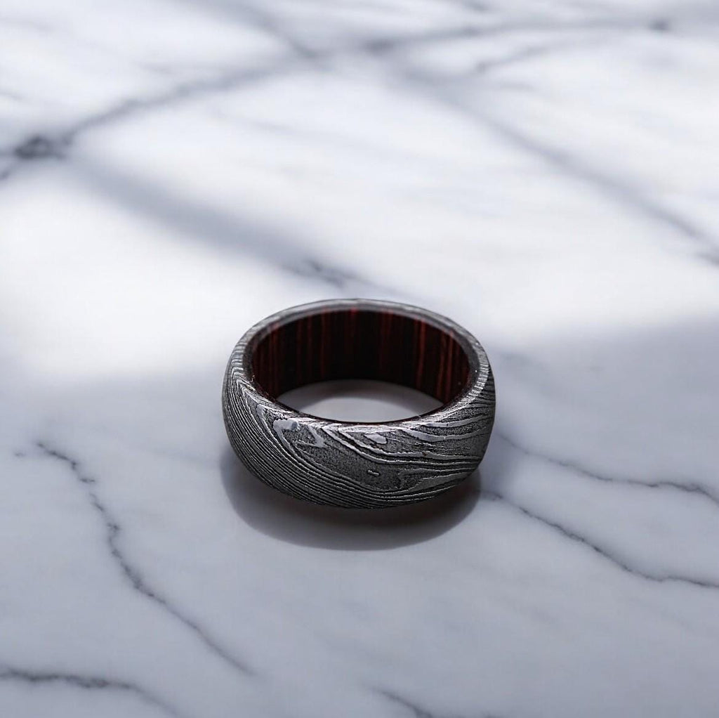 Damascus Steel Ring: Whiskey Barrel Wood Inlay Wedding Band