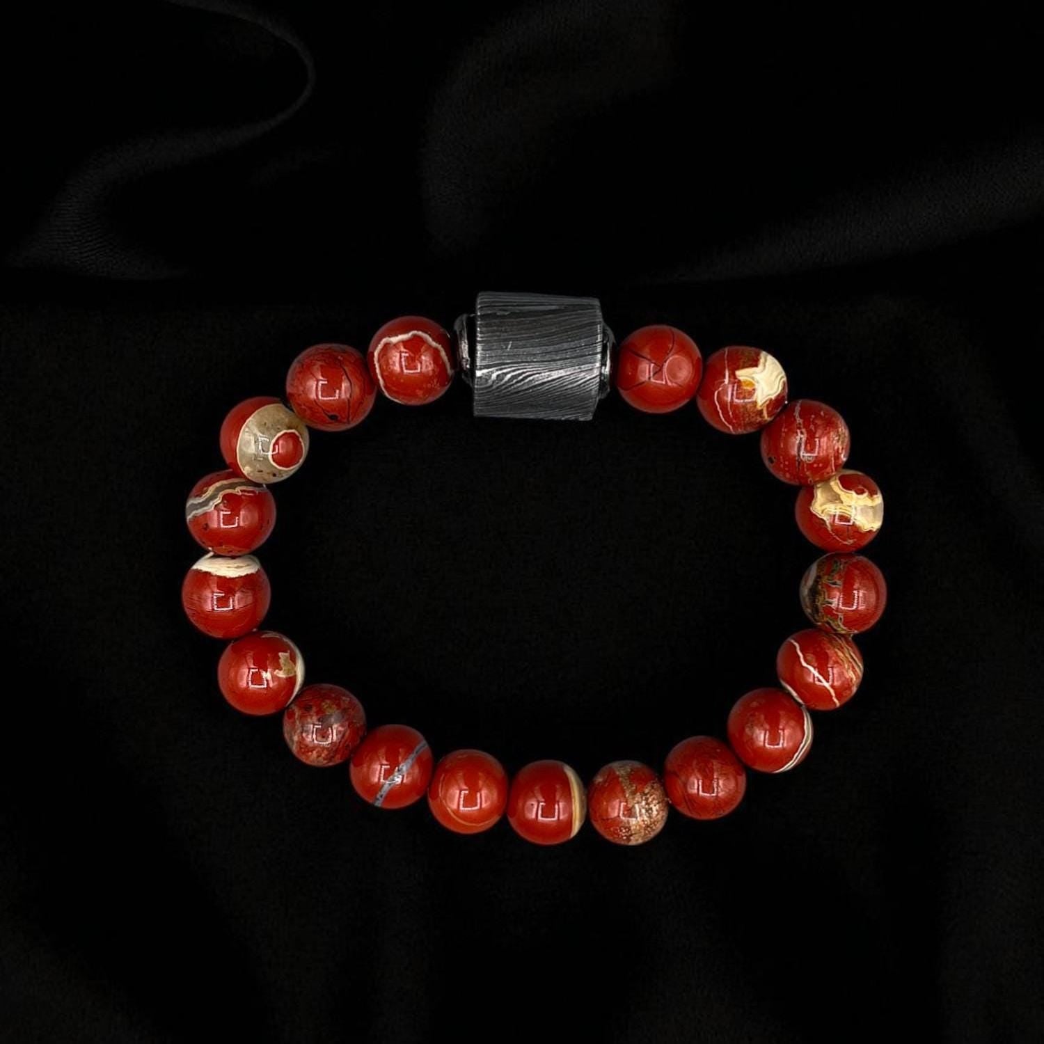 Red Chalcedony Bead Bracelet with Damascus Steel Barrel – Healing Crystal Jewelry with Gift Box.
