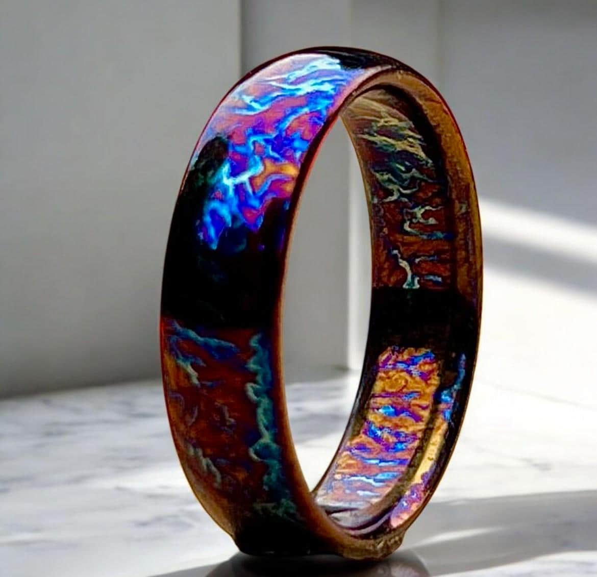 Unique Titanium Random Pattern Anniversary Gift For Her Personalized Gift Heat Anodized Handcrafted Titanium Colorful Titanium Ring For Men.