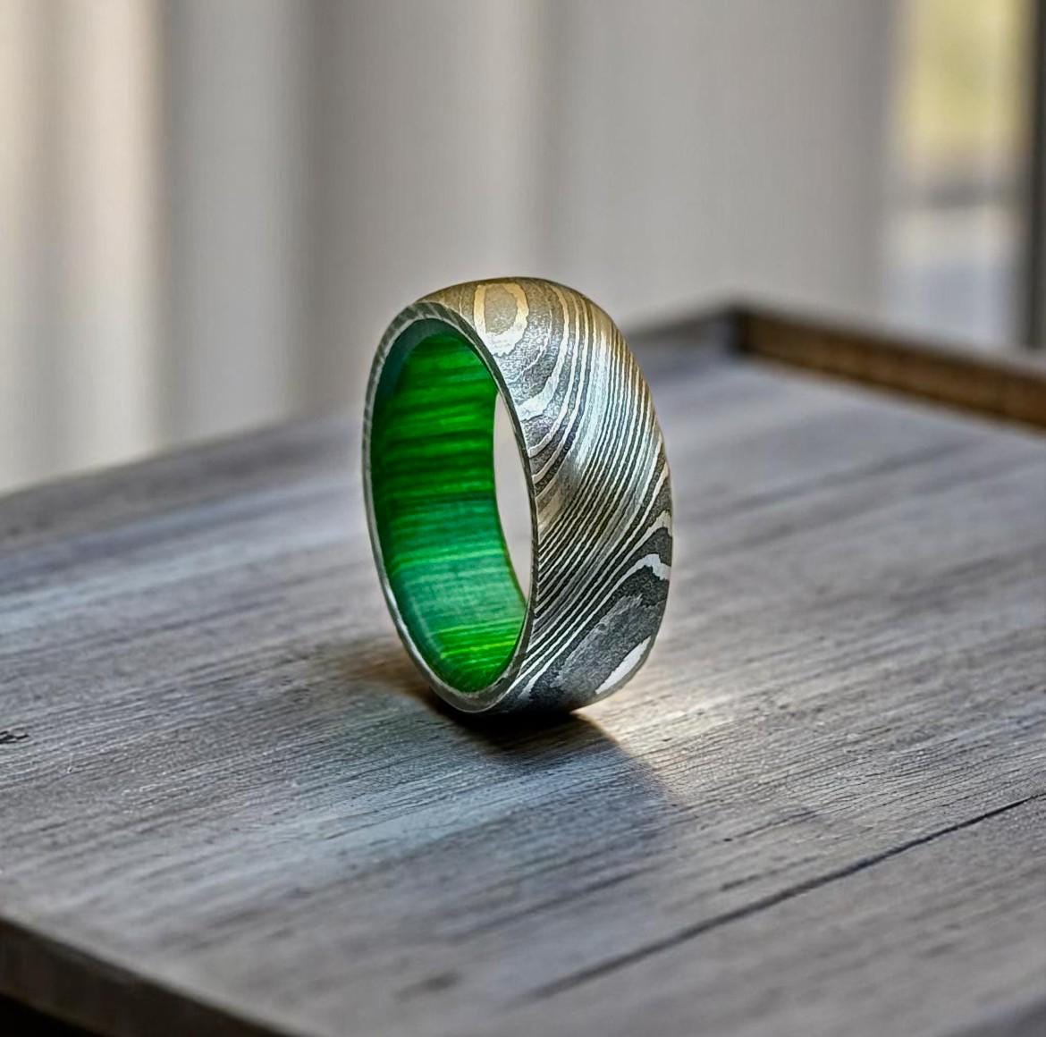 Damascus Steel Ring: Titanium Band with Green Interior