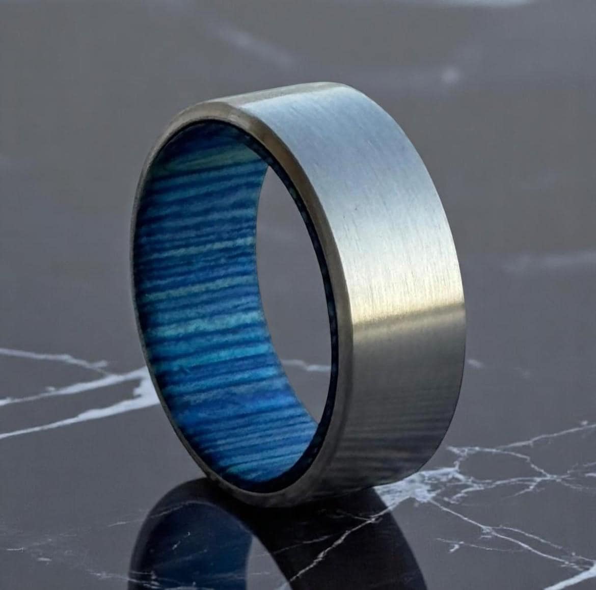 Blue Wood Inlay Titanium Ring: Handmade Brushed Silver Wedding Band