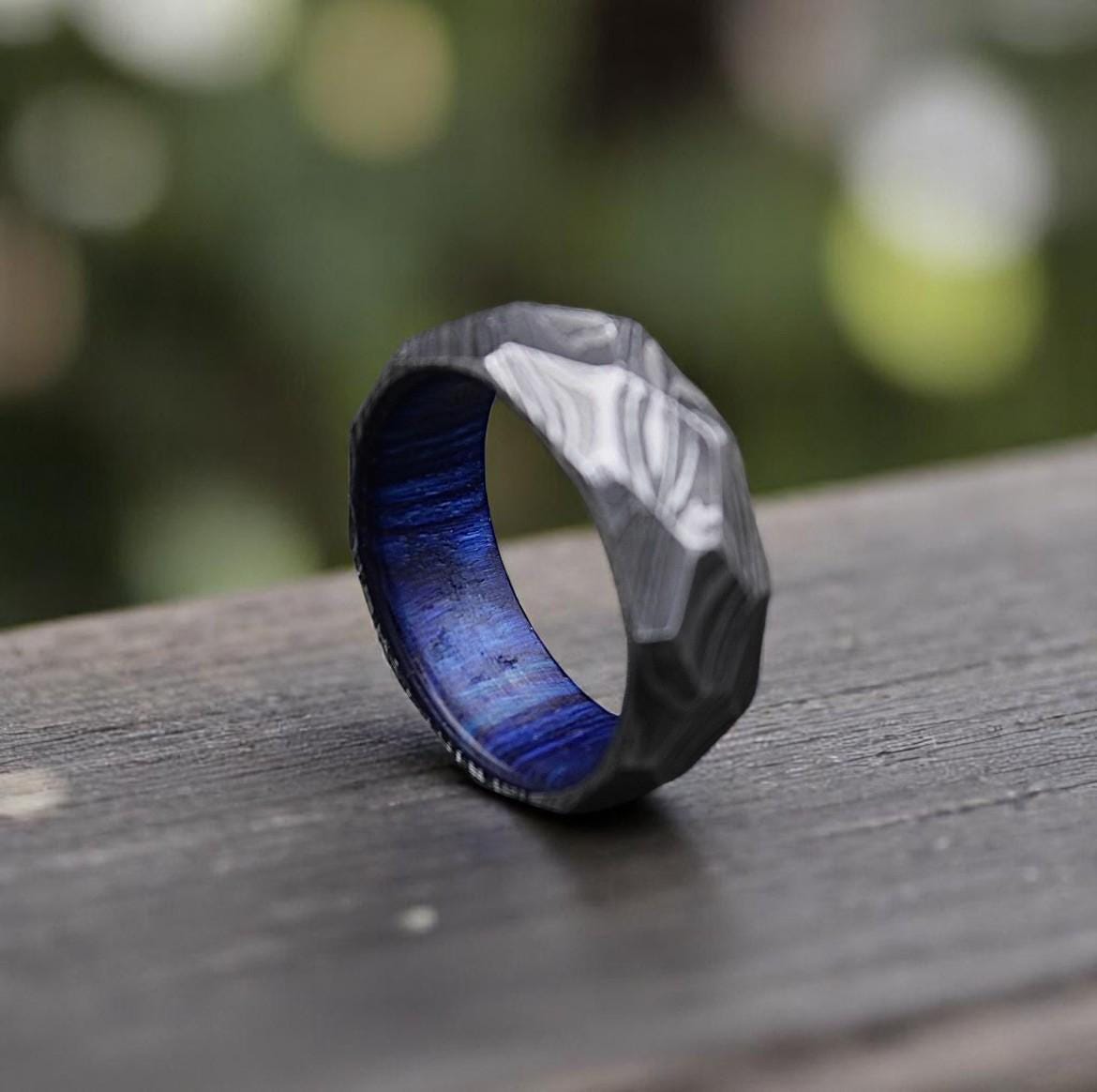 Damascus Steel Men's Wedding Ring: Rock Hammered Diamond Cut Band
