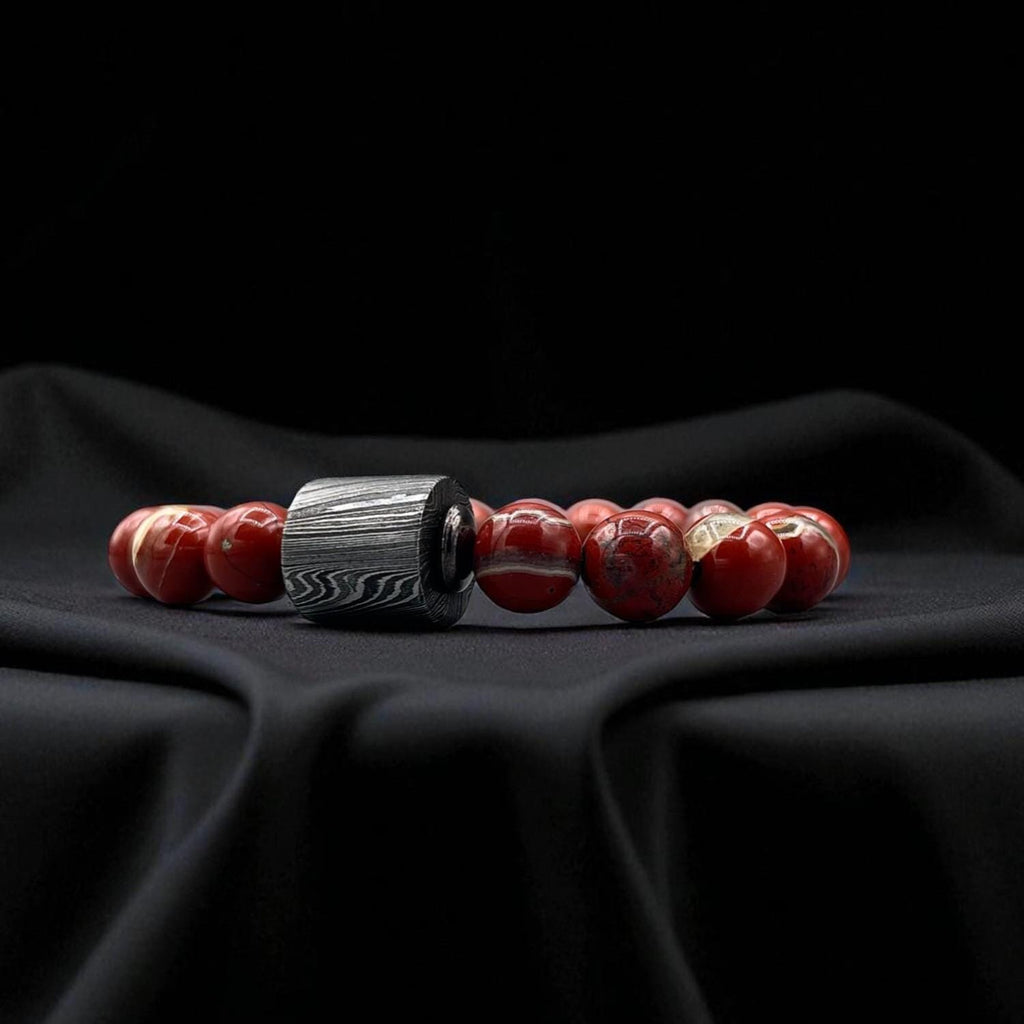 Red Chalcedony Bead Bracelet with Damascus Steel Barrel – Healing Crystal Jewelry with Gift Box.