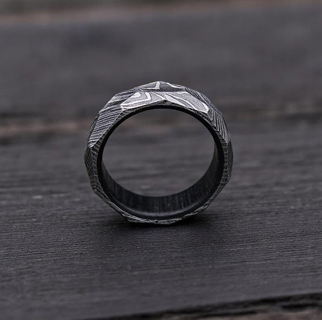 Handmade Damascus Steel Ring: Rock Hammered Twist Wedding Band