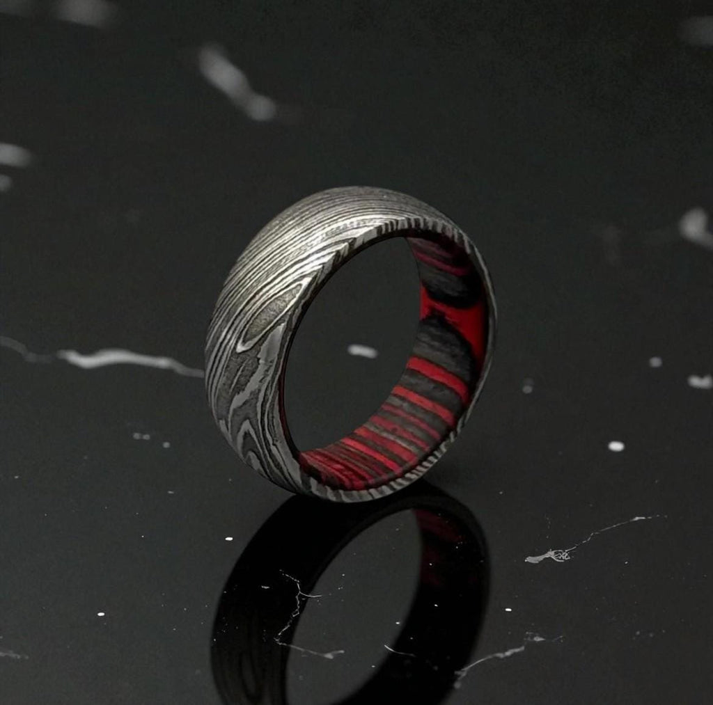 Damascus Steel Ring with Red Liner: Gothic Men's Wedding Band