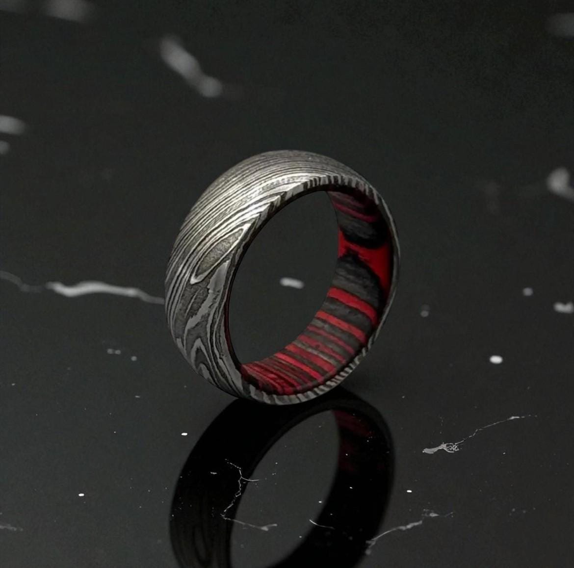 Damascus Steel Ring with Red Liner: Gothic Men's Wedding Band