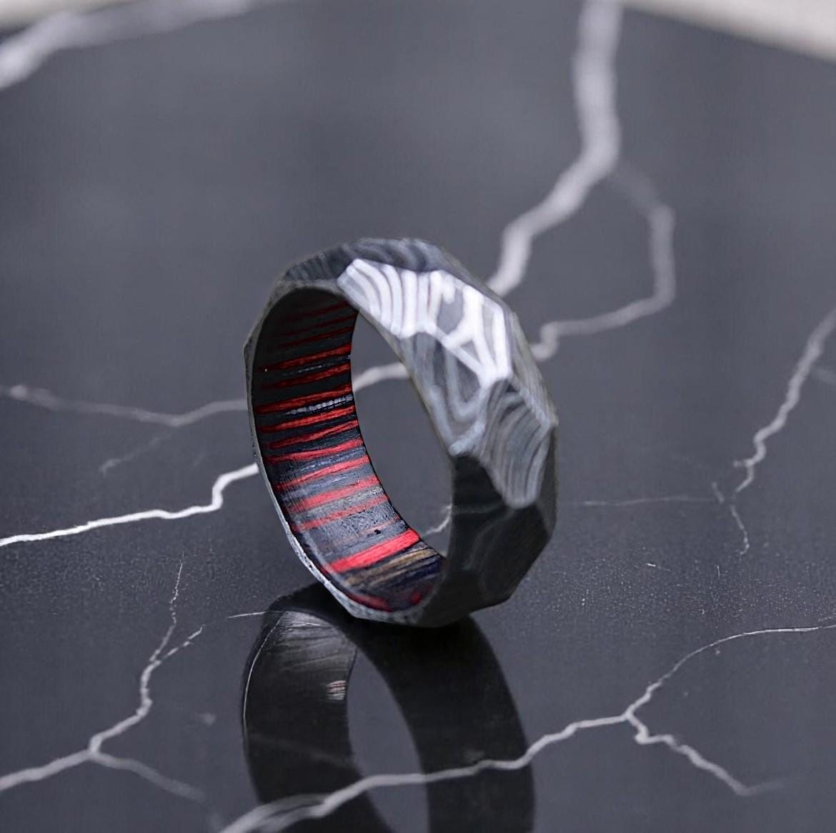 Handmade Damascus Steel Wedding Band: Whiskey Barrel Wood Inlay, Hammered Finish