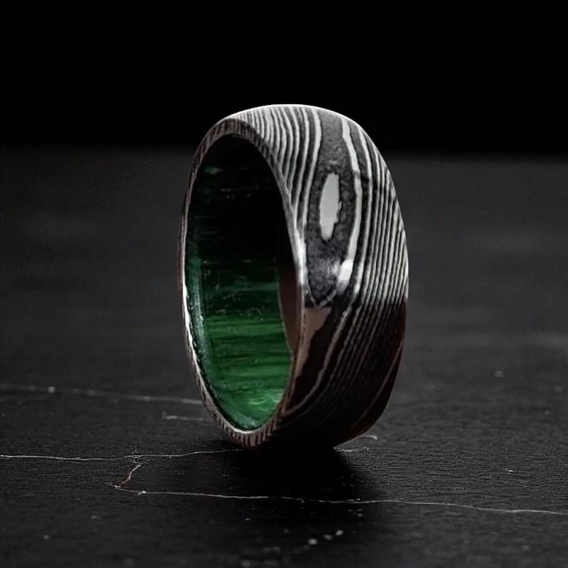 Domed Damascus Ring with Green Inner – Handmade Men’s Wedding Band – Modern Bold Jewelry.