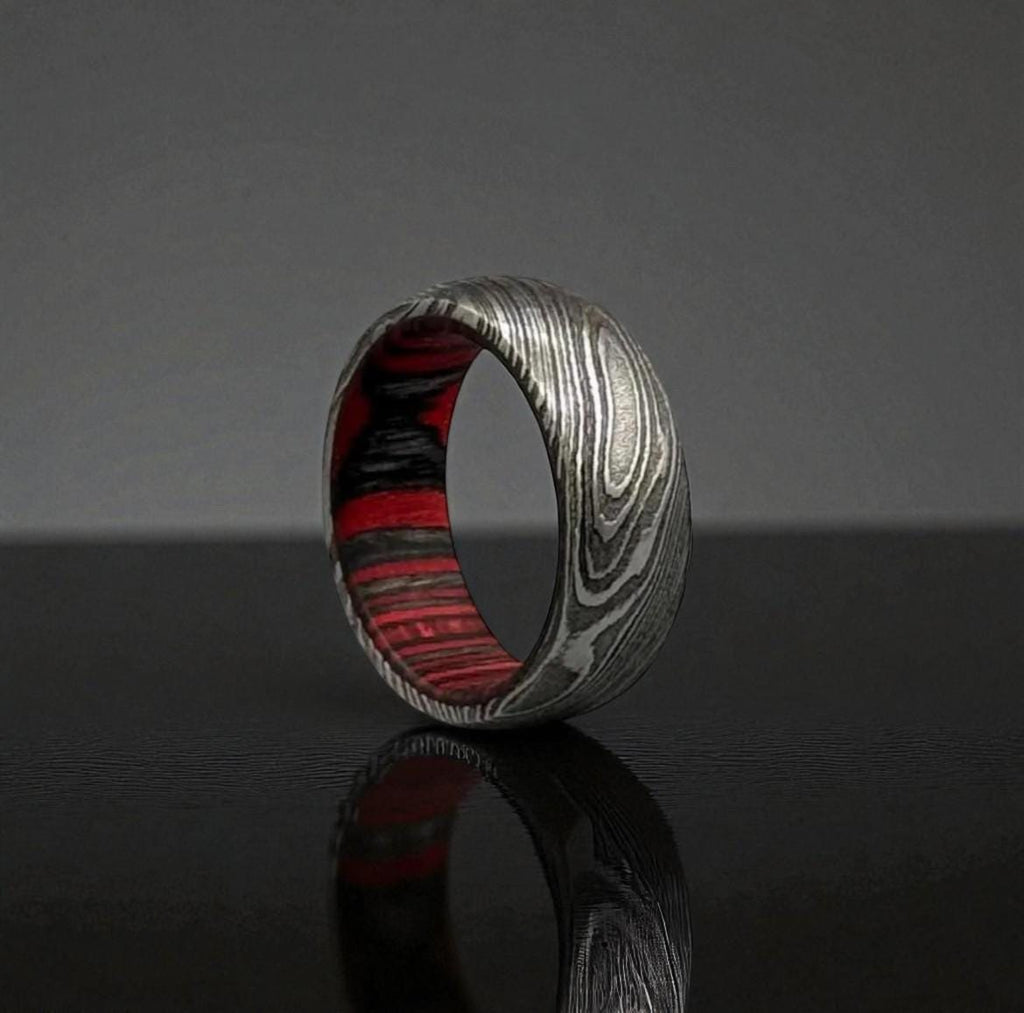 Damascus Steel Ring with Red Liner: Gothic Men's Wedding Band