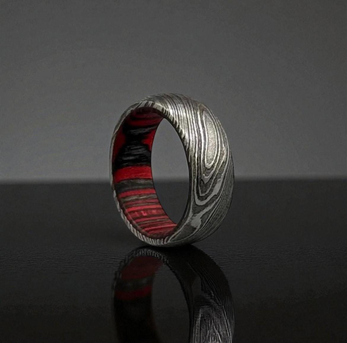 Damascus Steel Ring with Red Liner: Gothic Men's Wedding Band