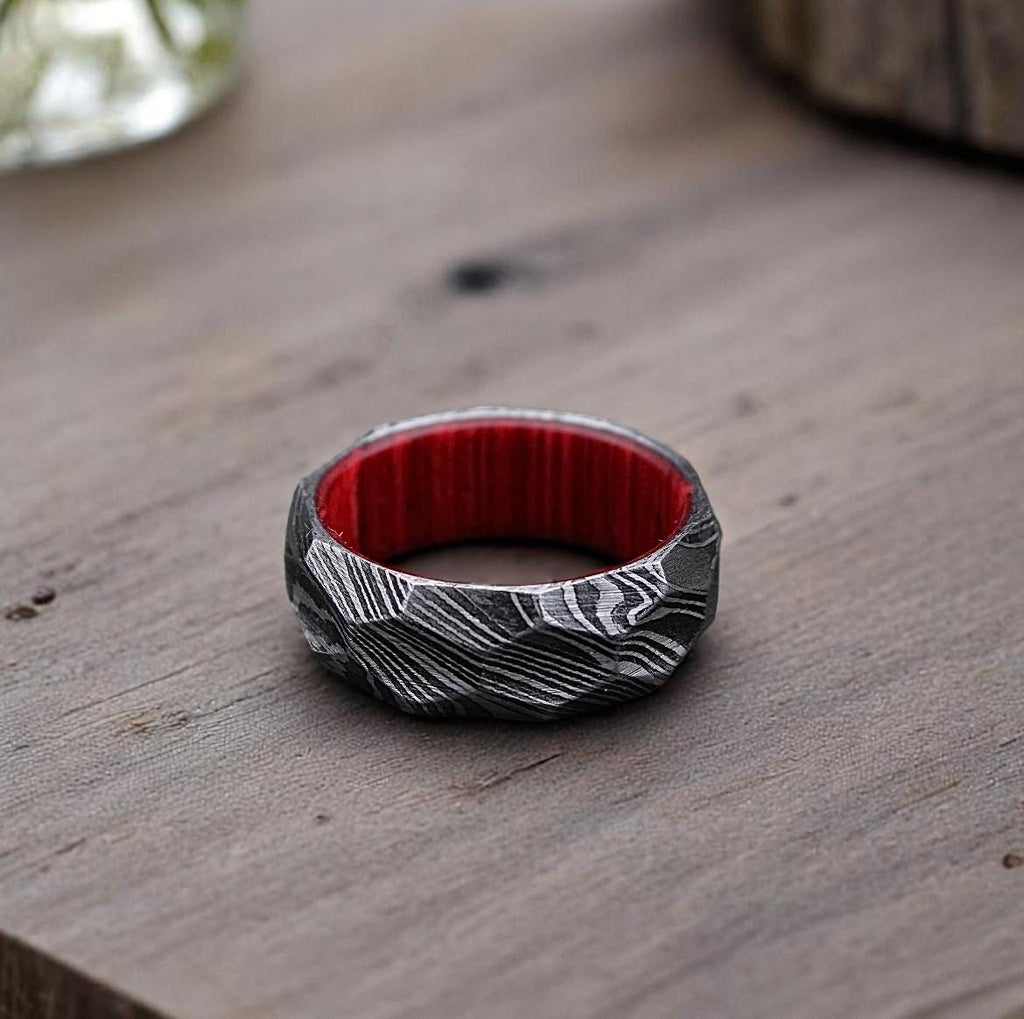 Rock Hammered Damascus Steel Ring: Diamond Cut Wood Wedding Band